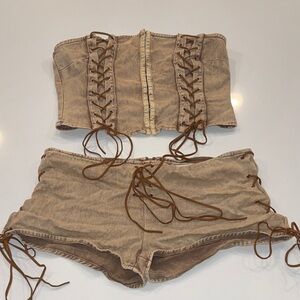 Fashion Nova Tan lace up corset and short set. Size L